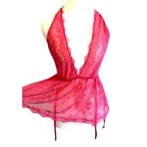 Victoria’s Secret Pink Lace Garter Lingerie Babydoll Halter Sexy Fun Barbie XS